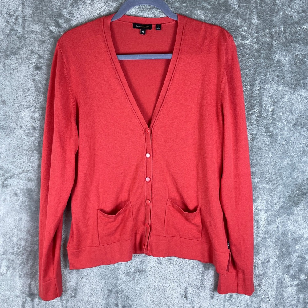 BCBGMAXAZRIA Cardigan Womens XL Coral Red Excellent Silk Blend V-Neck Button Up